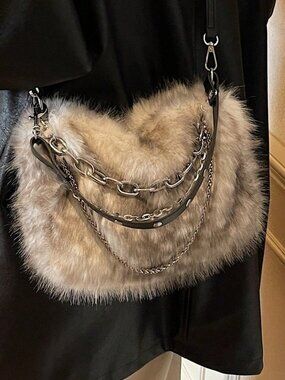 Smoke Gray Preppy Women's Faux Fur Chain Studded Hobo Bag